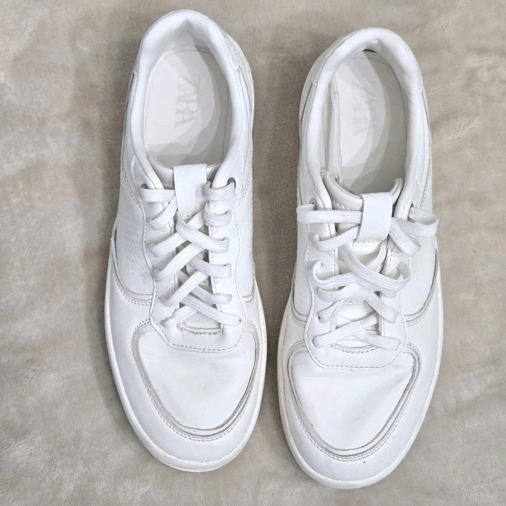 Zara White Sneakers Low Top Minimal Clean Aesthetic Casual Shoes Womens‎ Sz 38